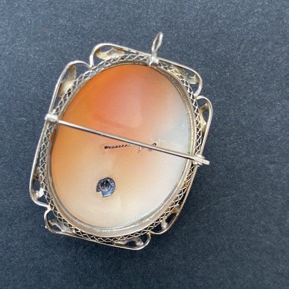 Art Deci DIamond Filigree Lady Cameo Pin or Pendant 14K White Gold - Picture 6 of 6